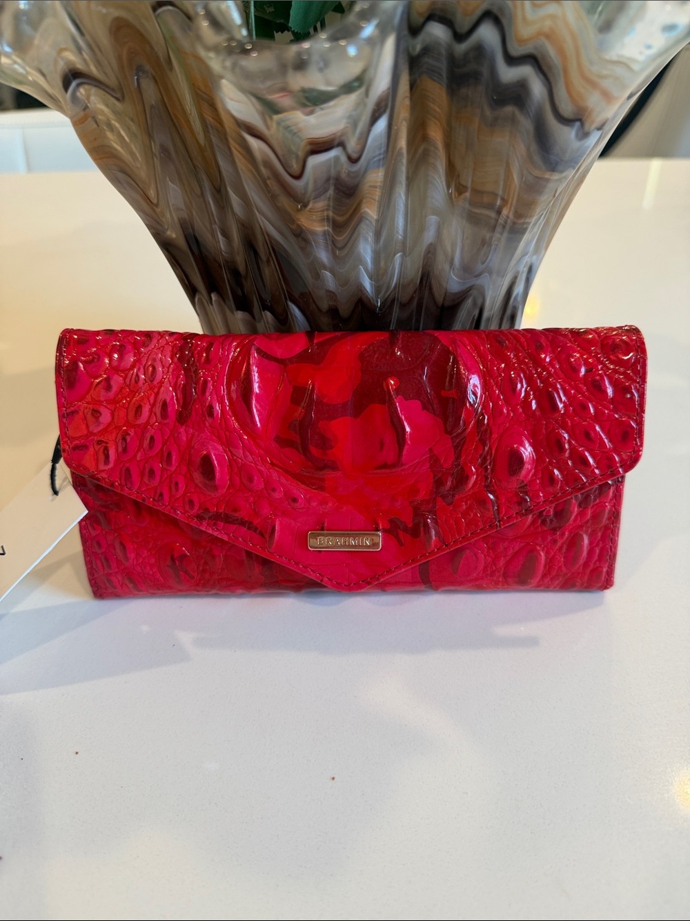 New Brahmin Veronica Red Croc-Embossed Patent Envelope Clutch